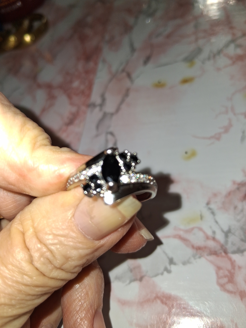 Source Unknown Silver Ring with Black Stones and Sparkling Accents